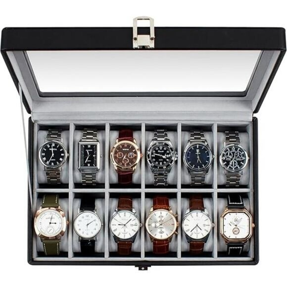 GUKA Watch Box 12 Slot Display Case Glass Lid Leather Organizer Black Velvet - Picture 7 of 7